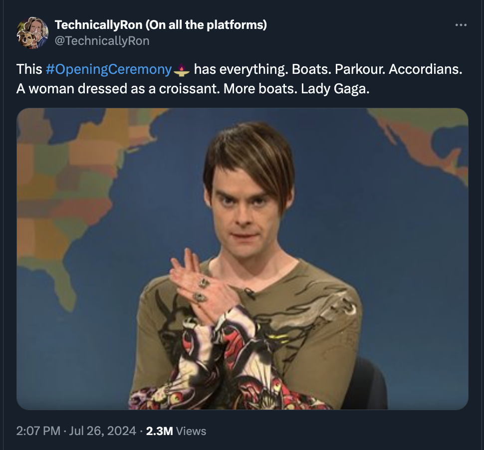 stefon snl - TechnicallyRon On all the platforms This Ceremony has everything. Boats. Parkour. Accordians. A woman dressed as a croissant. More boats. Lady Gaga. 2.3M Views